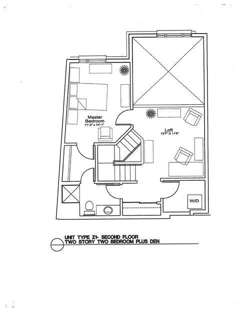 A floor plan of a two story two bedroom plus den apartment.